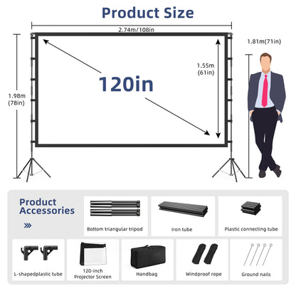 Projector Screen Outdoor, Vamvo Projector Screen with Stand Portable 120" Foldable ProjectorScreen, 10 Feet Indoor Movie-Screen with Carrying Bag for Home Theater Backyard Movie Night