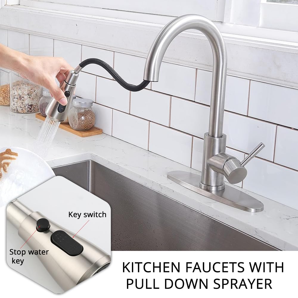 HPUFKOT Kitchen Faucet with Pull Down Sprayer Multitask Mode Single Handle High Arc Pull Out Kitchen Sink Faucet Offers Efficient Cleaning for RV (Silver)