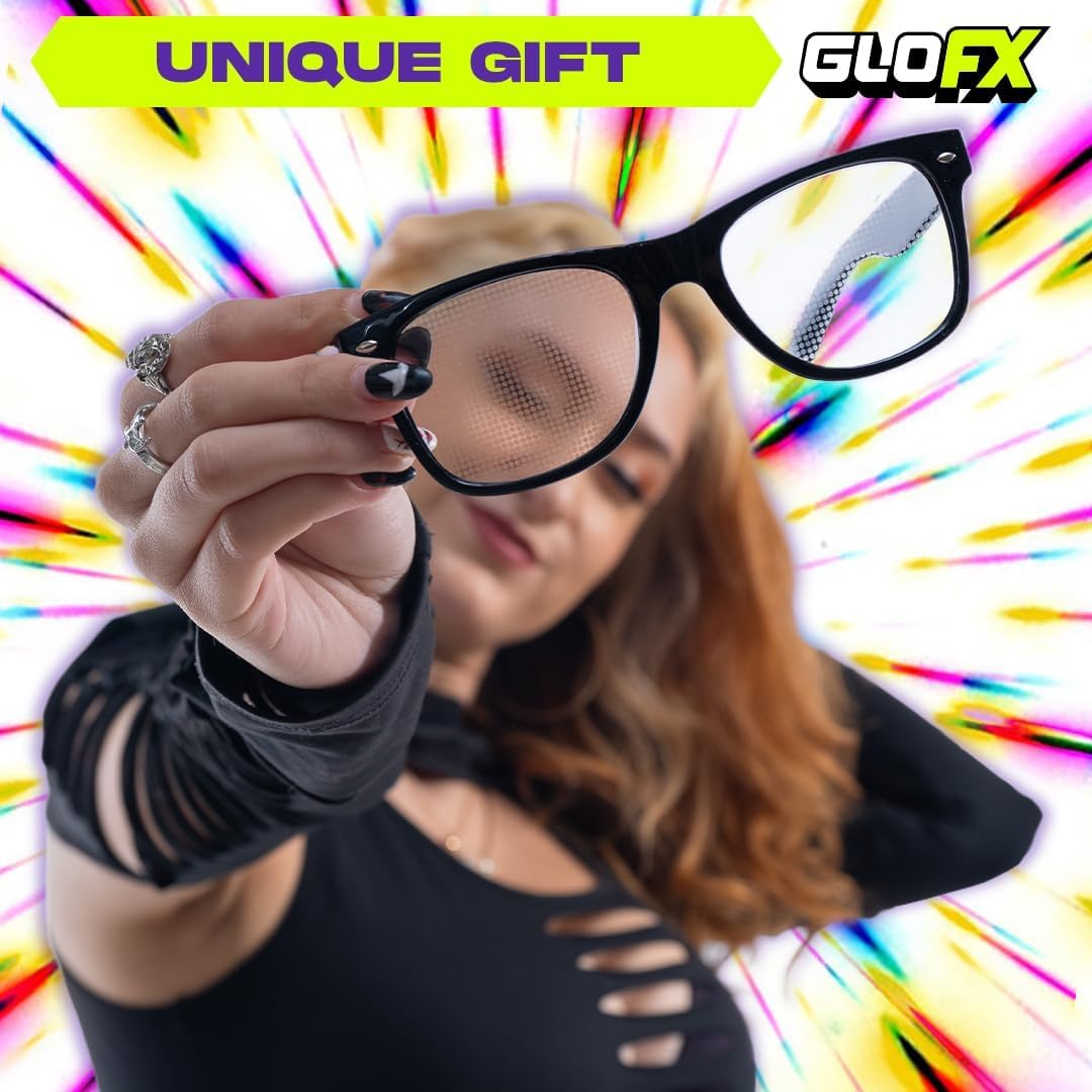 GloFX Black Frame Spiral Diffraction Glasses – Laser Etched for Hypnotic Spiral Light Effects, Flexible & Durable for Raves & Festivals