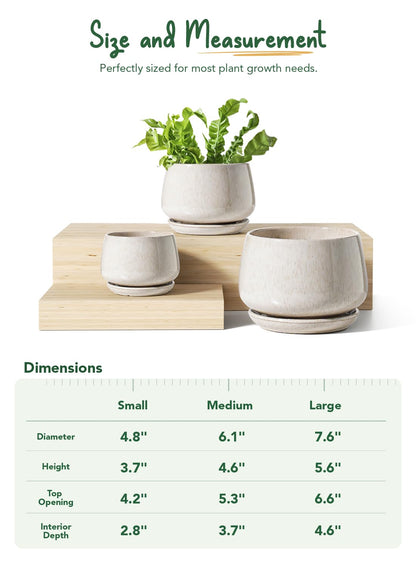 LE TAUCI Plant Pots, 4.1+5.1+6.5 inch, Set of 3, Ceramic Planters with Drainage Hole and Saucer, Indoor Flower Pot with Hole Mesh Pad, Gifts for Mom, Reactive Glaze Beige