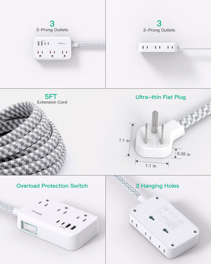 Power Strip Extension Cord - 6 Outlets and 4 USB (2 USB C), 5Ft Braided Cord with Ultra Thin Flat Plug, Wall Mount, Overload Protection, Compact for Travel, Cruise Ship, and Dorm Room Essentials