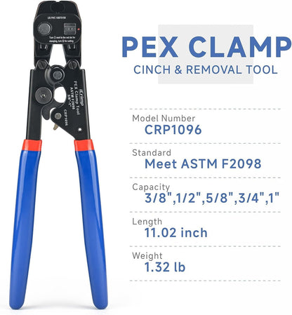 iCrimp Ratchet PEX Cinch Tool with Removing Function for 3/8-in, 1/2-in, 3/4-in, 1-in Stainless Steel Clamp, PEX Crimper with 20PCS 1/2-in, 10PCS 3/4-in PEX Clamps and Pipe Cutter- All in One