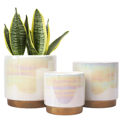 Gepege White Indoor Pots for Plants, Ceramic Planter with Drainage Hole, 6.0 inch+5.0 Inch+4.0 Inch. Succulent Orchid Flower Pot - Rainbow Pearl Glaze