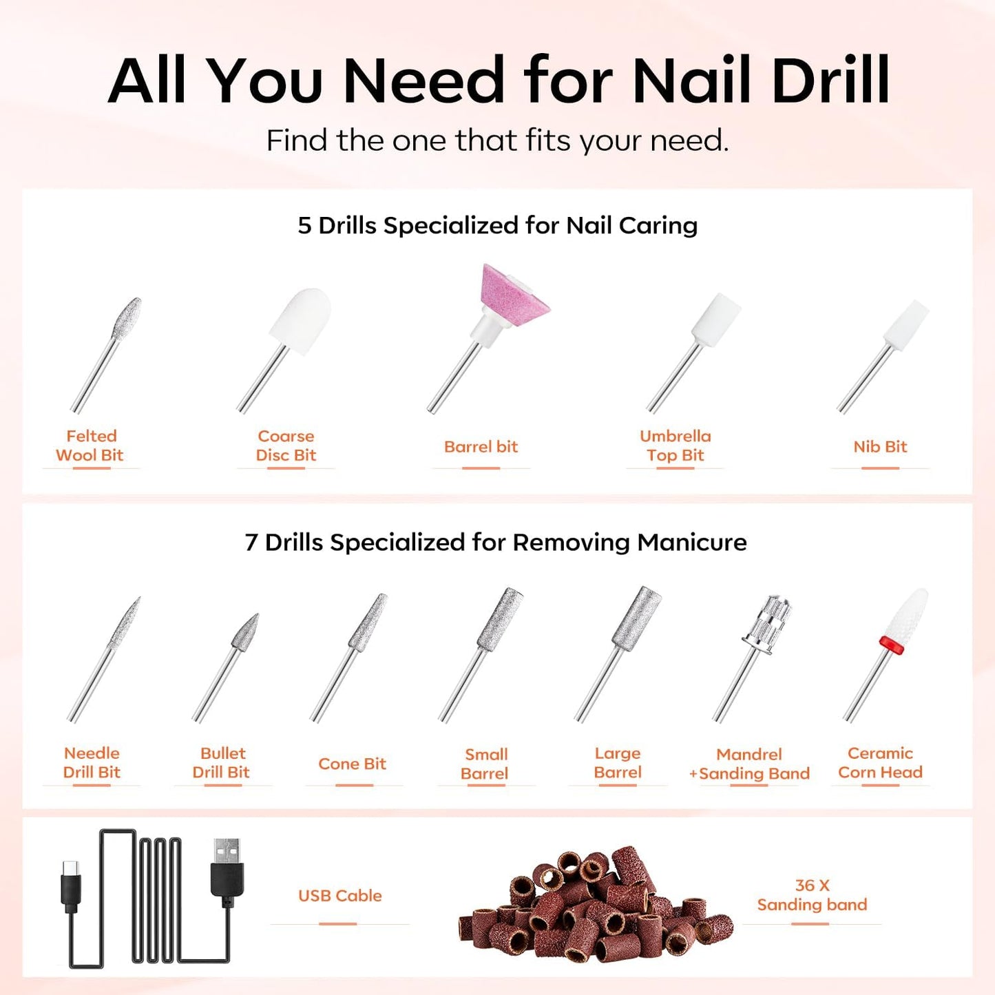Modelones Electric Nail Drill, 14 Pcs Cordless Nail File with LED Light for Acrylic Gel Dip Powder Nails, Professional Nail Efile Kit with Nail Drill Bits & Sanding Bands for Quick Manicure Pedicure