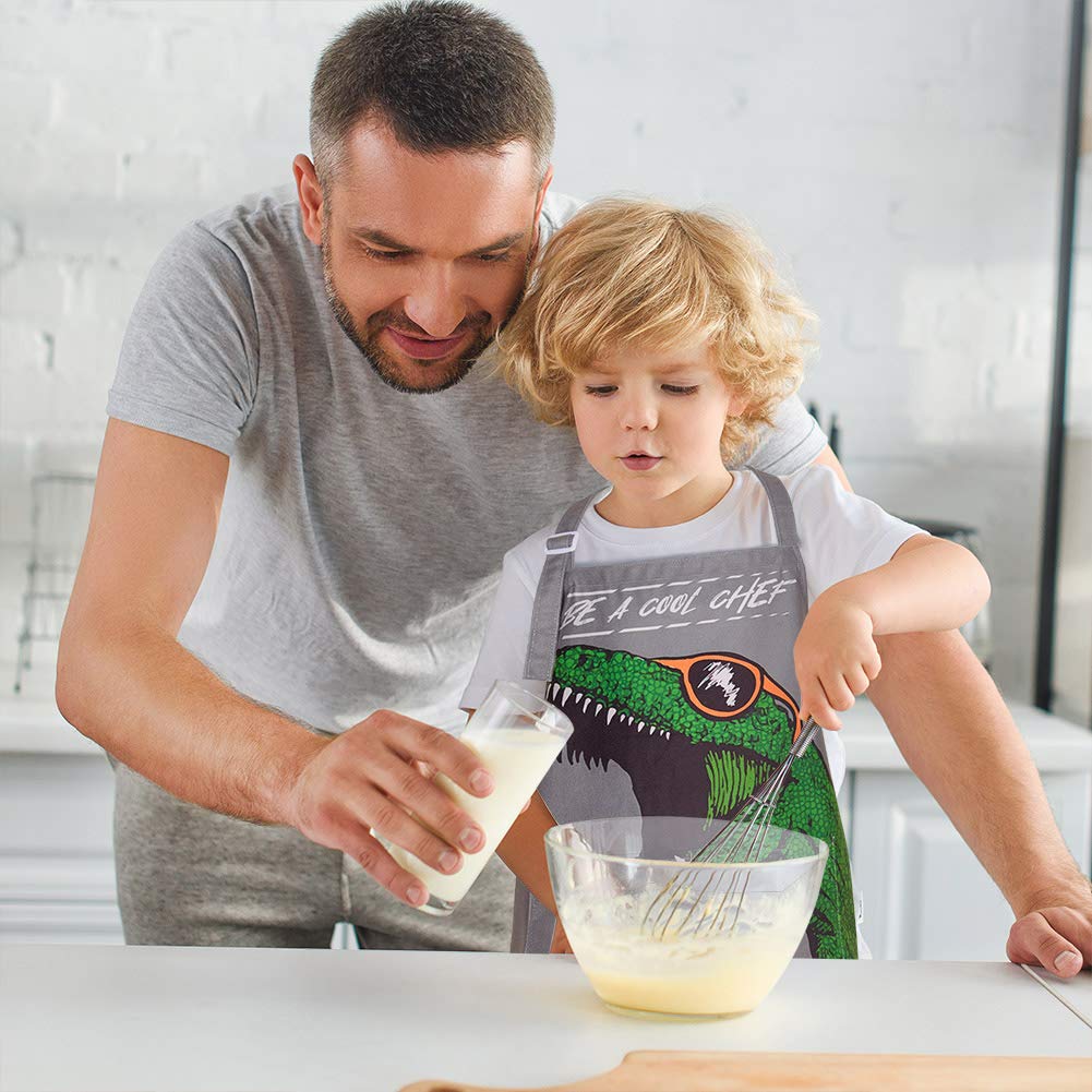 MHJY Kids Apron and Chef Hat for Boys Dinosaur Child Aprons with Pockets,Adjustable Apron for Cooking Baking Painting 3-12 Years