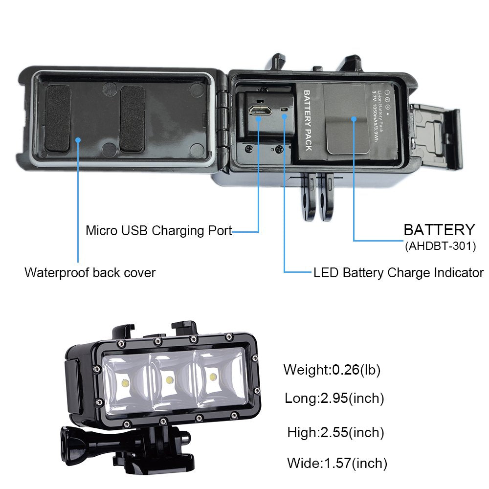 Suptig Underwater Light, Waterproof Light, Dimmable Waterproof (45m) LED Video Light for GoPro 13,11,10,9,8,7,6,5,4,3, DJI Action, Insta 360 Action Cameras