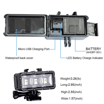 Suptig Underwater Light, Waterproof Light, Dimmable Waterproof (45m) LED Video Light for GoPro 13,11,10,9,8,7,6,5,4,3, DJI Action, Insta 360 Action Cameras