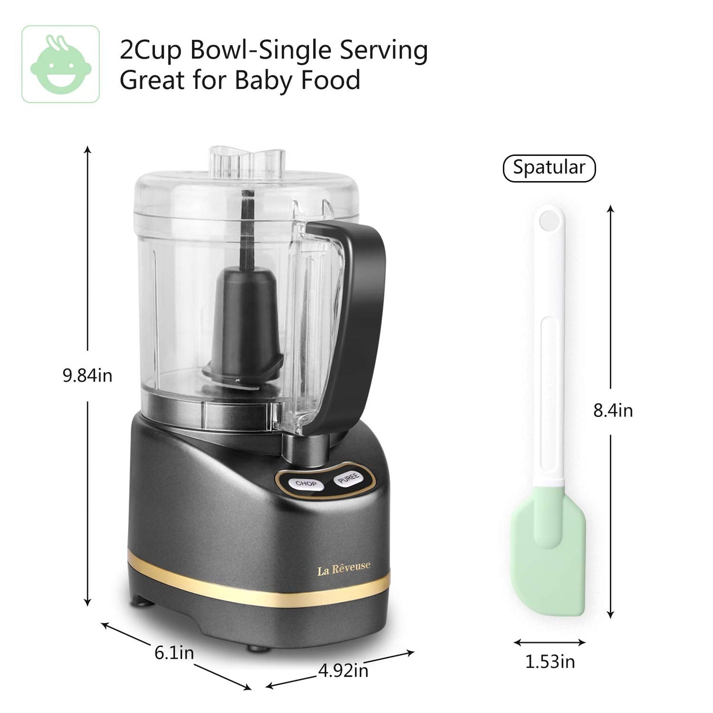 La Reveuse Electric Mini Food Processor with 200 Watts 2-Cup Prep Bowl for Mincing Chopping Grinding Blending Pureeing (Metallic Grey)