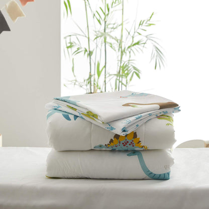 4 Pieces Toddler Bedding Set Dinosaur White with Colorful Dinos and Monsters Toddler Comforter Sheet Set for Autumu and Winter Includes Comforter, Flat Sheet, Fitted Sheet and Pillowcase