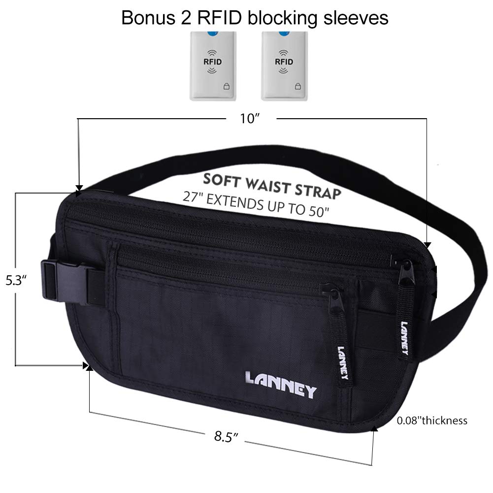 Money Belt for Travel, Slim RFID Blocking Women and Men hidden Travel Pouch Under Clothes, Passport Holder Protect Cash, Documents, Credit Card, Black, Bonus 2 RFID Sleeves