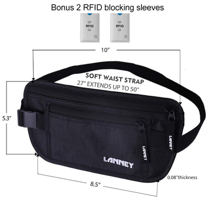 Money Belt for Travel, Slim RFID Blocking Women and Men hidden Travel Pouch Under Clothes, Passport Holder Protect Cash, Documents, Credit Card, Black, Bonus 2 RFID Sleeves