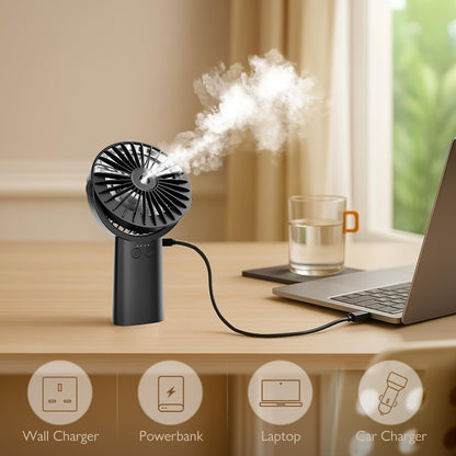 HonHey Handheld Misting Fan Portable, Small Personal Water Spray Hand Held Mist Fan,4000mAh Battery Operated 4-13-23 working hours, 90° Rotatable for Home Office Men Women Kids Travel Outdoors Black