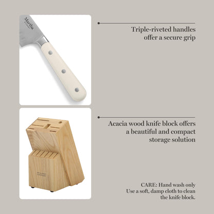 MARTHA STEWART Eastwalk 14 Piece High Carbon Stainless Steel Cutlery Kitchen Knife Block Set w/ABS Triple Riveted Forged Handle Acacia Wood Block - Linen White
