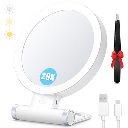 MIYADIVA 20X Magnifying Mirror with Light, Travel Magnifying Mirror, 1X/20X Vanity Mirror with Light, Adjustable Handle Travel Makeup Mirror, Touch Switch Light up Mirror for Plucking Eyebrows