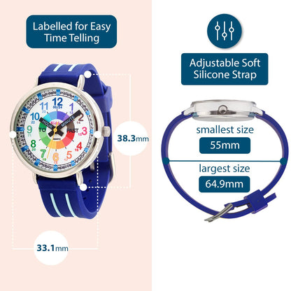 Kiddus Educational Kids Watch for Children, Boys and Girls. Analogue Time Teacher Wristwatch with Exercises. Classic Time Teacher. Blue