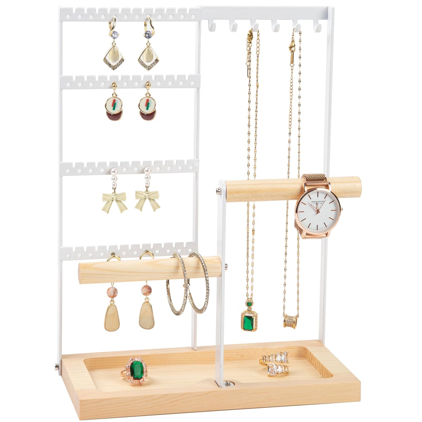 Jewelry Organizer Stand, Jewelry Holder, Lengnoy 4 Tier Earring Holder with 48 Holes and 6 Hooks Necklace Organizer Wood Box for Necklace Bracelet Earring Ring, White