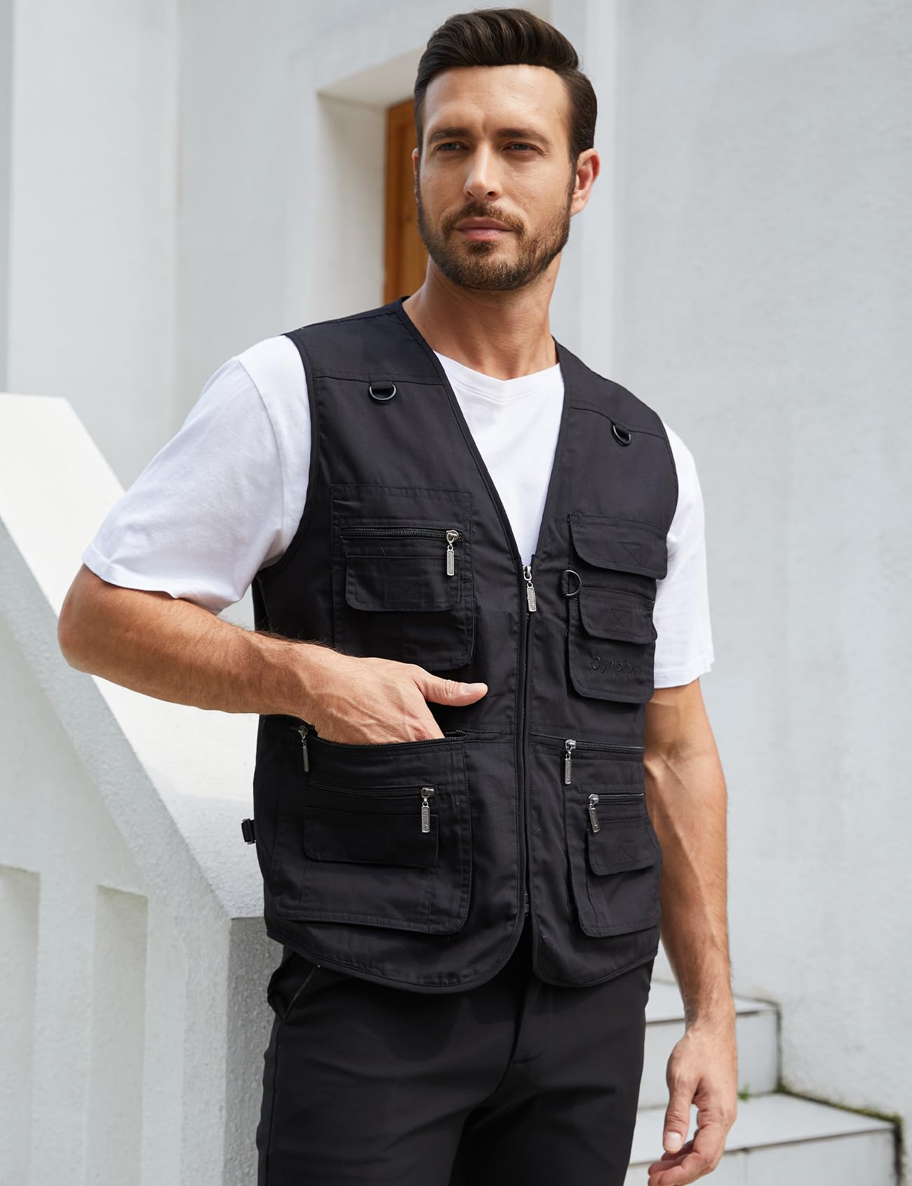 Gihuo Men's Fishing Vest Utility Safari Travel Vest with Pockets Outdoor Work Photo Cargo Fly Summer Vest (Black, X-Large)