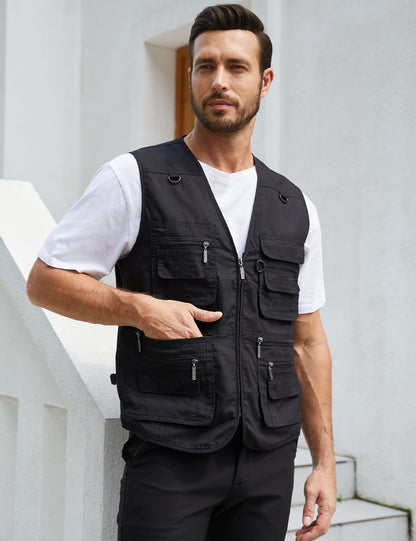 Gihuo Men's Fishing Vest Utility Safari Travel Vest with Pockets Outdoor Work Photo Cargo Fly Summer Vest (Black, X-Large)