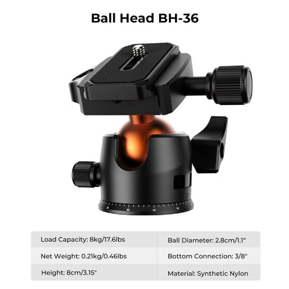 K&F Concept 64 inch/163cm Camera Tripod,Lightweight Travel Outdoor DSLR Tripods with 360 Degree Ball Head Load Capacity 8kg/17.6lbs,Cellphone Clip for Smartphone Live Streaming Vlog O234A1+BH-36
