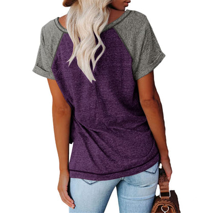 MaQiYa Womens Henley V Neck Raglan Short Sleeve T Shirts Color Block Casual Cotton Tees Shirts Tops (Z-Purple, Large)