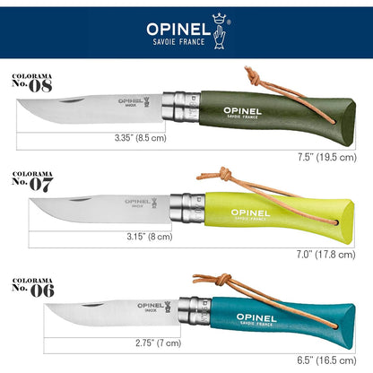 Opinel Colorama No.07 Folding Pocket Knife, Painted Wood Handles, Leather Lanyard (Anise)