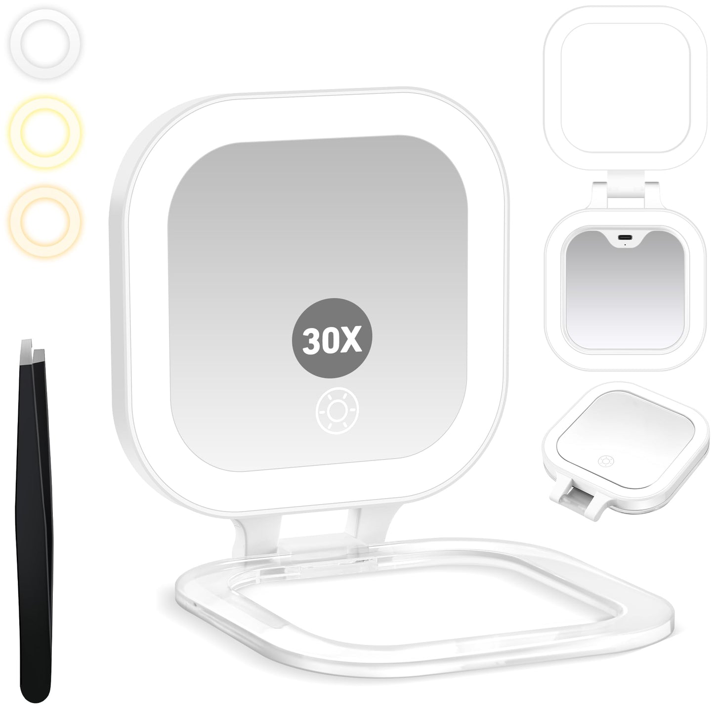 GOMIPURU Travel Mirror with Light, 1x/30x Magnifying Mirror with 3 Color Lights and Adjustable Brightness, 4.5x3.9 inch Small Compact Hangable Hand Pocket 3 Way Mirrors, Comes with Tweezer