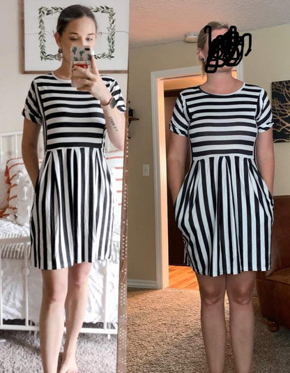 Naggoo Striped Dresses for Women,Summer Flowy Badydoll Cute Dress Short Sleeve Mini T-Shirt Dresses Black M