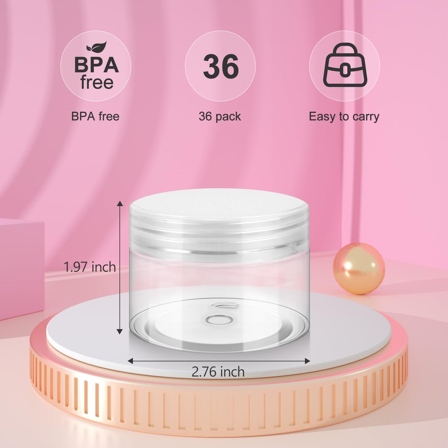 Loretoy 36 Pack 4 OZ Plastic Jars with Lids, BPA Free, Reusable, Refillable Transparent Cosmetic Containers for Bath Salts, Cosmetics, Powders, Beauty Product and Small Accessories - White