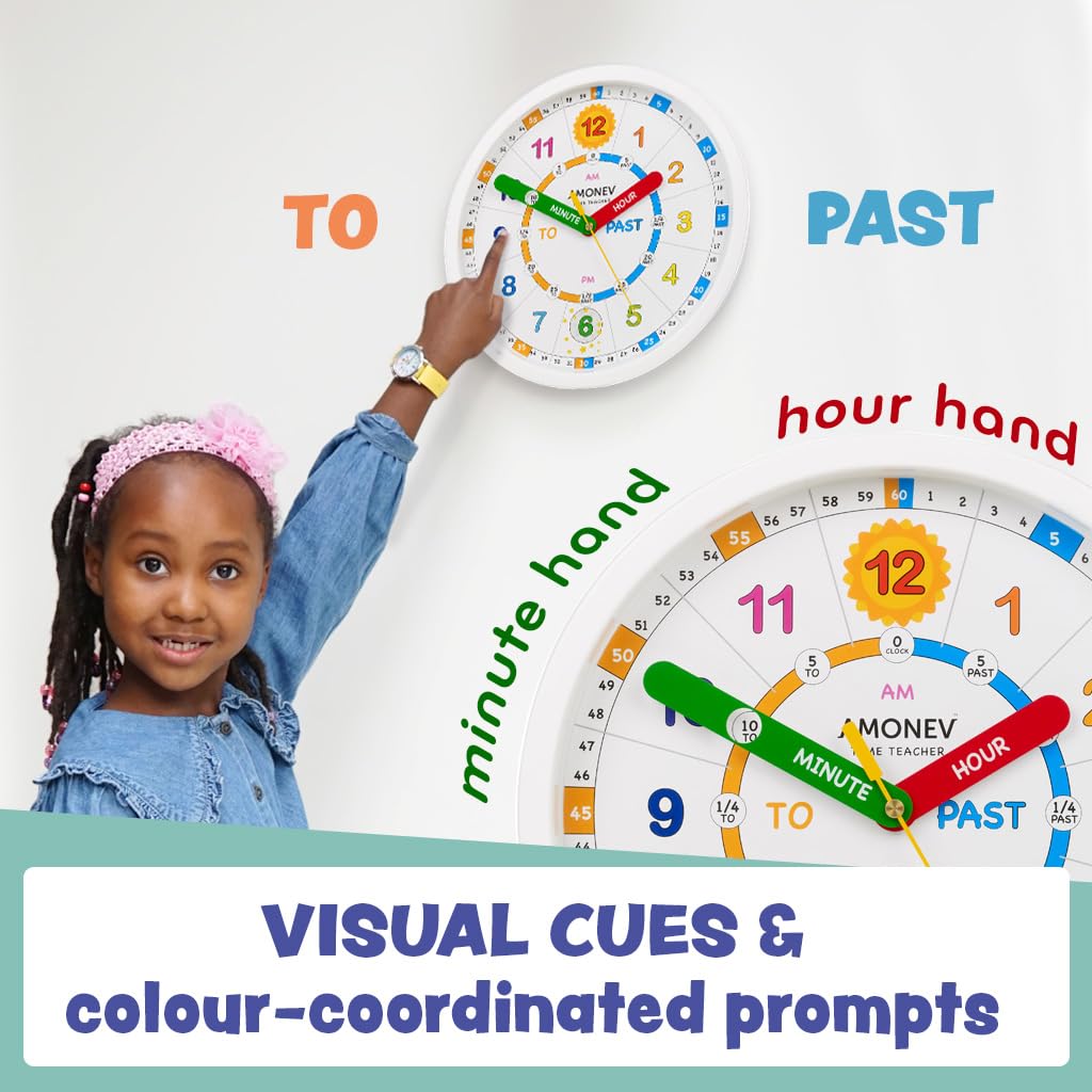 Amonev Time Teacher Scope Wall Clock for Children, Easy to Read Dial with Silent Ticking. Teach Children How to Read and Tell The Time with This Analogue Clock.