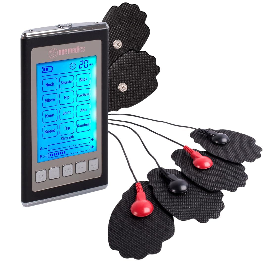 NueMedics Tens 12-Mode TENS & EMS Rechargeable Muscle Stimulator – Dual-Channel Portable Pain Relief Massager with Reusable Pads, Timer & LCD Display