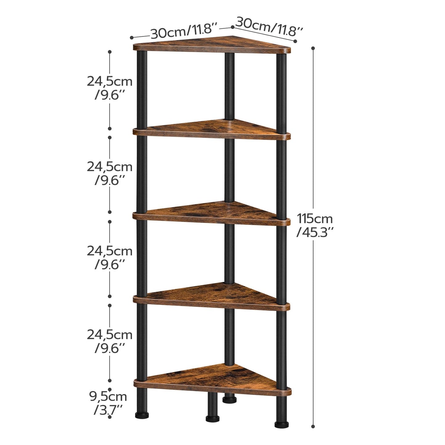 HOOBRO Corner Shelf Stand, Industrial 5-Tier Corner Bookshelf with Metal Frame, Plant Display Shelf, Small Bookcase for Small Spaces, Bedroom, Living Room, Rustic Brown BF33CJ01