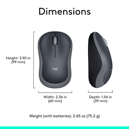 Logitech M185 Wireless Mouse, 2.4GHz with USB Mini Receiver, 12-Month Battery Life, 1000 DPI Optical Tracking, Ambidextrous PC/Mac/Laptop - Swift Grey