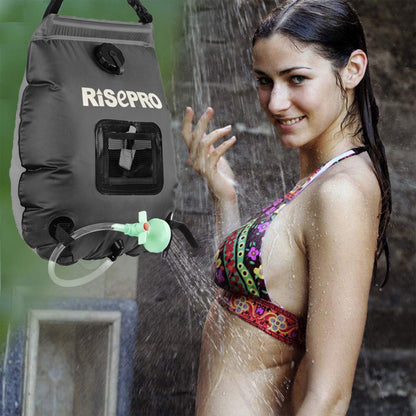 RISEPRO Solar Shower Bag, 5 gallons/20L Solar Heating Premium Camping Shower Bag Hot Water with Temperature 45°C Removable Hose on/Off Switchable Shower Head Hiking Climbing Summer Shower BK