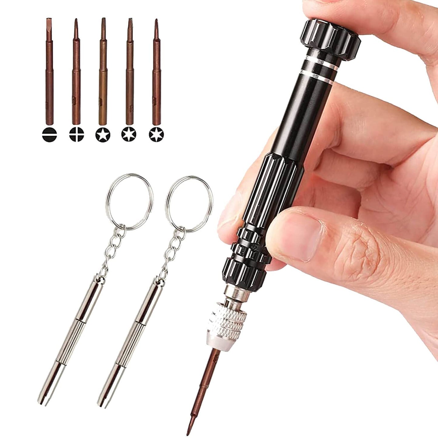 Eyeglass Repair Kit，5-in-1 Multifunctional Small Screwdriver(T6 Torx, T5, 1.5, -2.0, star0.8) & 3-in-1 Mini Keychain Screwdriver Kit for Cellphone, Glasses, Electronics, Watch, Laptop, Jewelry