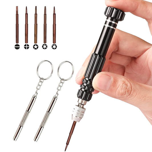 Eyeglass Repair Kit，5-in-1 Multifunctional Small Screwdriver(T6 Torx, T5, 1.5, -2.0, star0.8) & 3-in-1 Mini Keychain Screwdriver Kit for Cellphone, Glasses, Electronics, Watch, Laptop, Jewelry