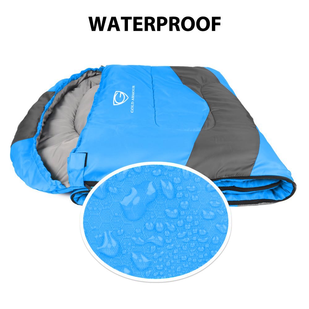 Gold Armour Sleeping Bags for Adults Kids Boys Girls Backpacking Hiking Camping, Cold Warm Weather 4 Seasons, Indoor Outdoor Use, Lightweight & Waterproof, Right Zipper (Blue/Gray)