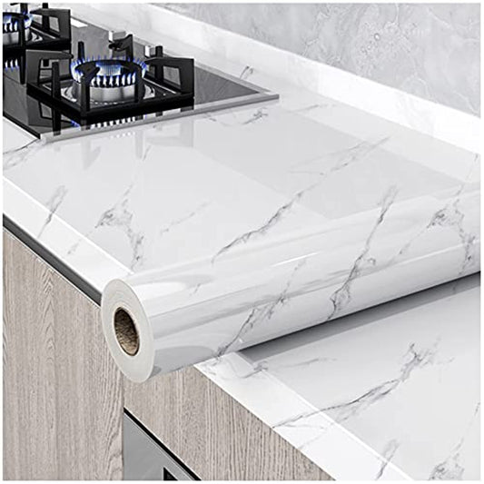 Glossy Marble Paper Granite Gray/White Wallpaper Peel and Stick Wallpaper Self Adhesive Removable Wallpapers 15.8″ ×118″ Waterproof Countertop Paper for Cabinet Countertop Furniture Kitchen Viny Film