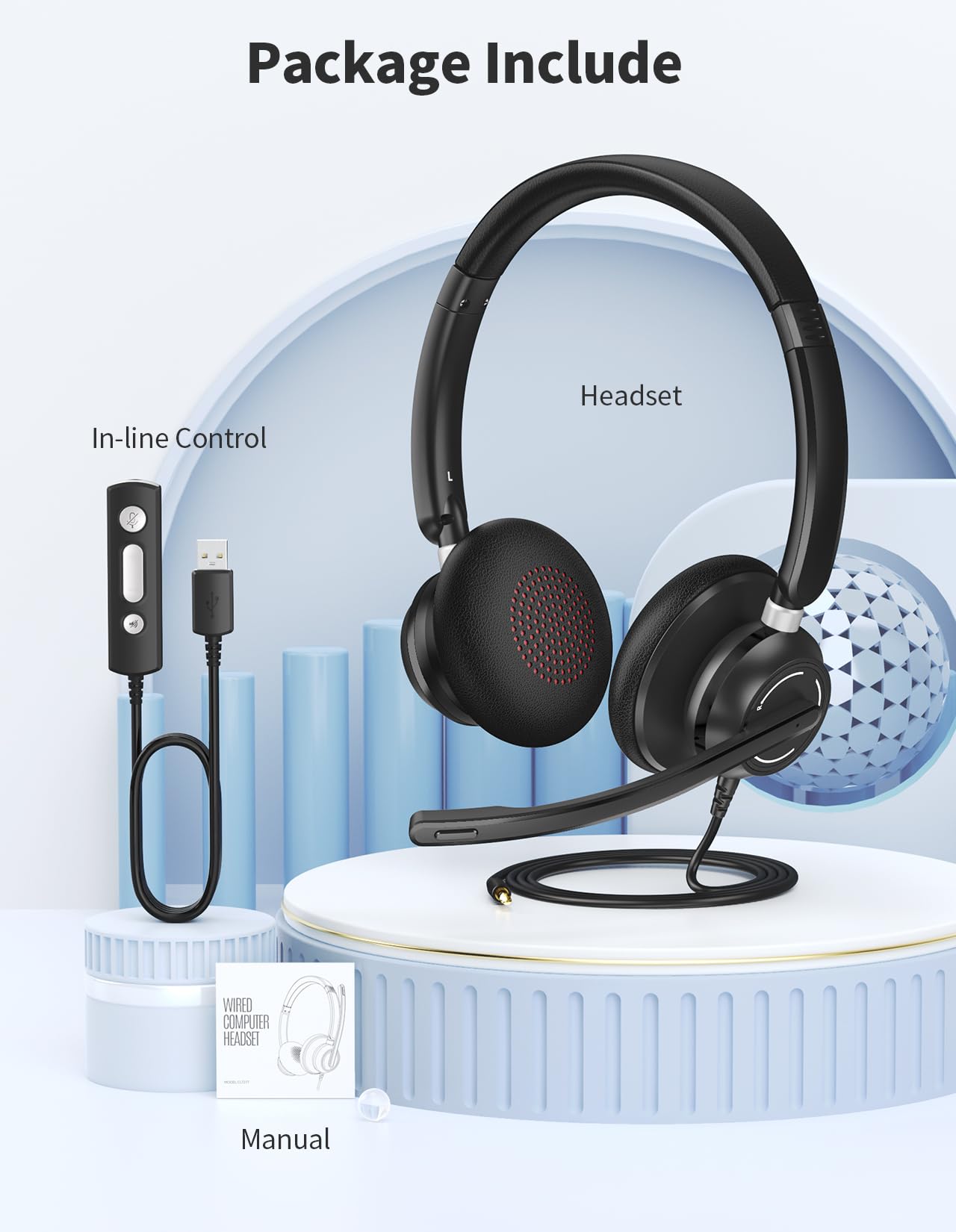 JabNecter USB Headset with Microphone for PC, Wired Headphones with Noise Cancelling Mic, Computer Headset with in-line Controls, 3.5mm & USB Plug for Zoom, Skype, Call Center, Office Use, Black