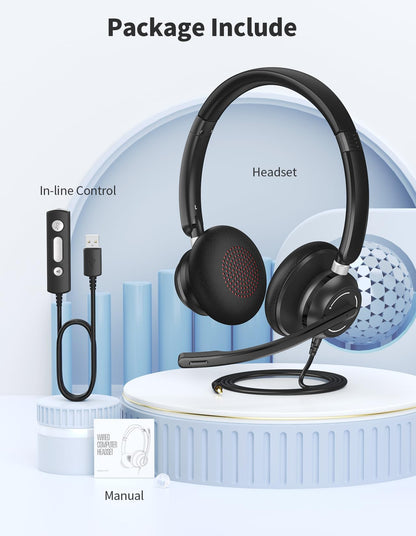 JabNecter USB Headset with Microphone for PC, Wired Headphones with Noise Cancelling Mic, Computer Headset with in-line Controls, 3.5mm & USB Plug for Zoom, Skype, Call Center, Office Use, Black