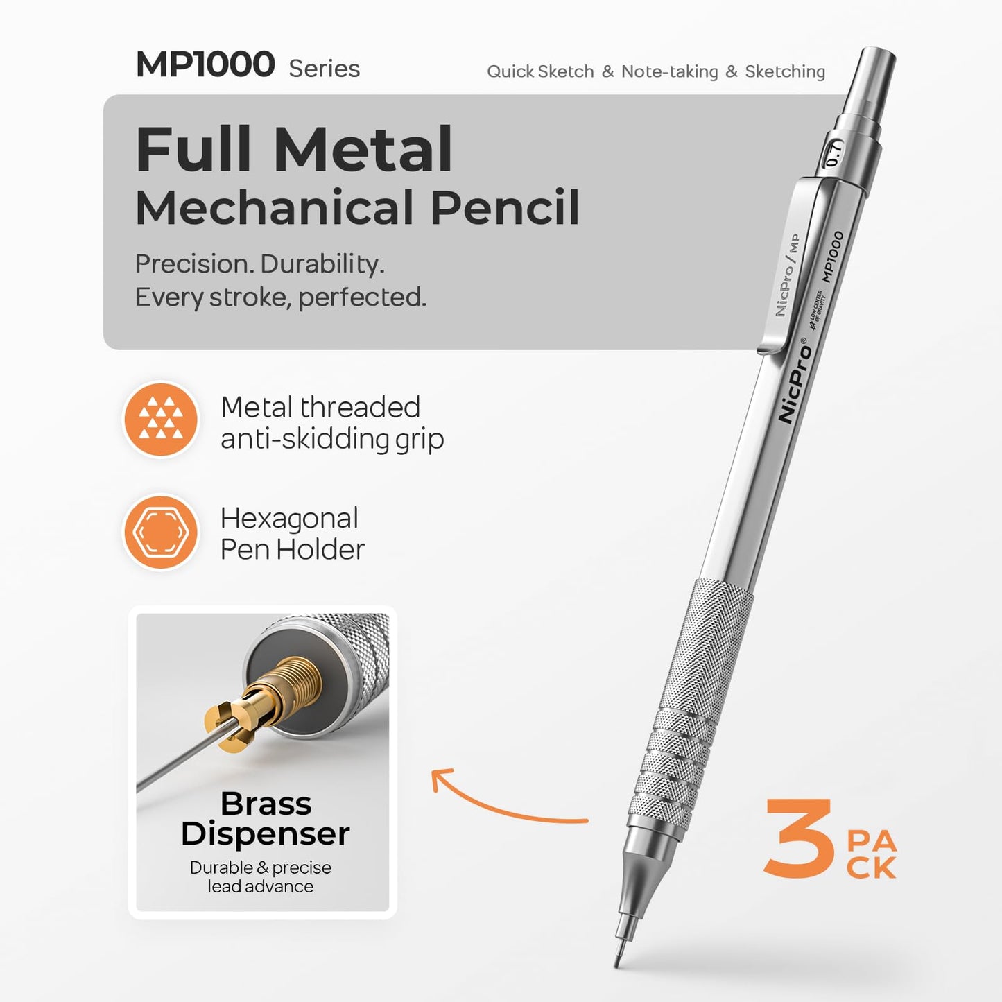 Nicpro 0.7 Metal Mechanical Pencil Set with Case, 3PCS MP1000 0.7mm Artist Lead Pencil With 8 Tube HB Refills, 3 Erasers, 9 Eraser Refill For Architect Art Drafting Drawing Engineering, Sketching