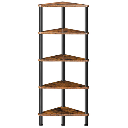 HOOBRO Corner Shelf Stand, Industrial 5-Tier Corner Bookshelf with Metal Frame, Plant Display Shelf, Small Bookcase for Small Spaces, Bedroom, Living Room, Rustic Brown BF33CJ01