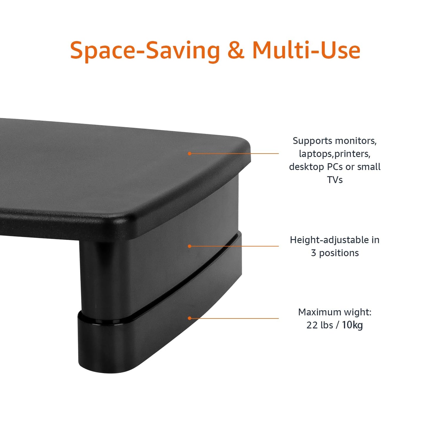 Amazon Basics Height Adjustable Rectangular Computer Monitor Riser Desk Stand with Storage for Reduced Neck Strain - Fits Monitors, Laptops Up to 22lbs, Black