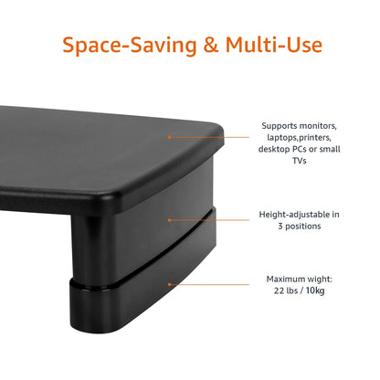 Amazon Basics Height Adjustable Rectangular Computer Monitor Riser Desk Stand with Storage for Reduced Neck Strain - Fits Monitors, Laptops Up to 22lbs, Black