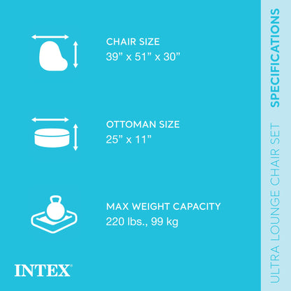 Intex 68564EP Ultra Lounge Inflatable Chair: Built-in Cupholder – Ottoman Foot Rest – 2-in-1 Valve – Flocked Construction – 220lb Weight Capacity