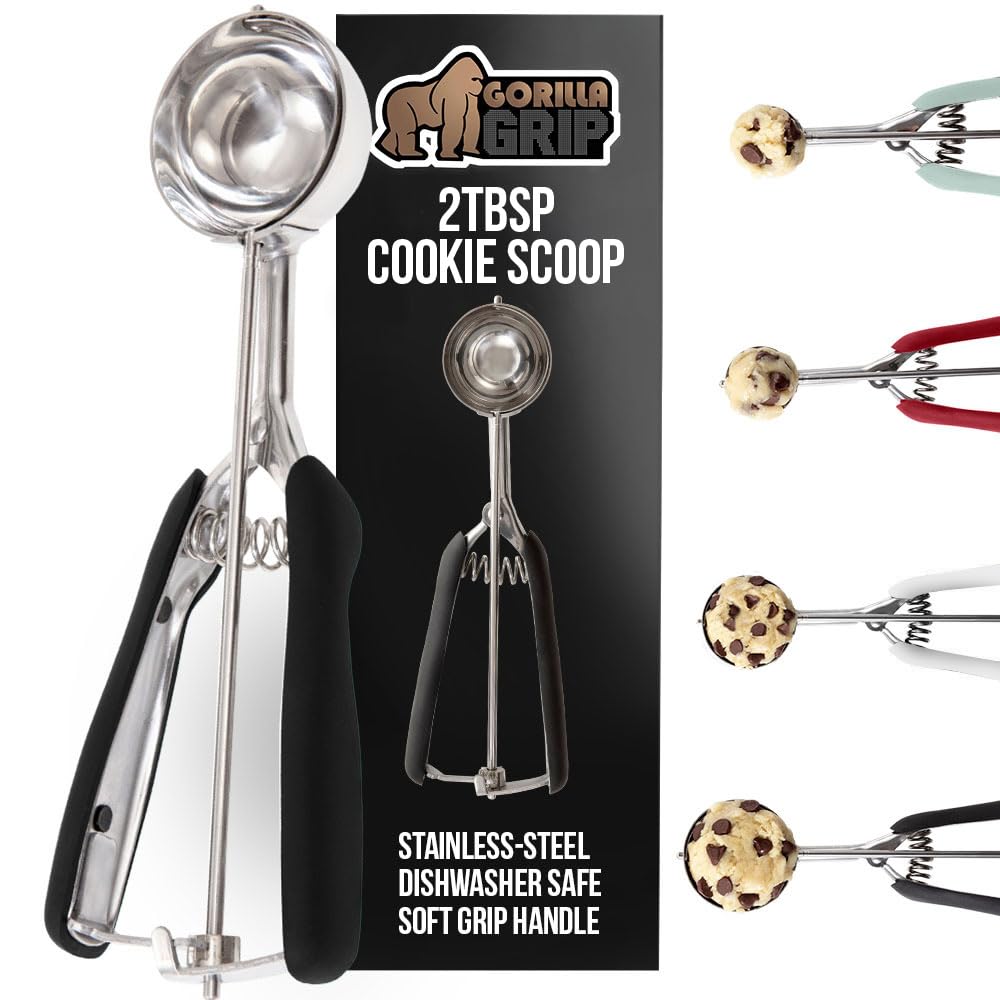 GORILLA GRIP Stainless Steel Cookie Scoop for Baking, 2 TBSP, Multipurpose Melon Baller, Meatball Spring Scoops, Perfect Portion Sizes, Easy Food Release, Scooper Size 40, BPA-Free Kitchen Tool, Black