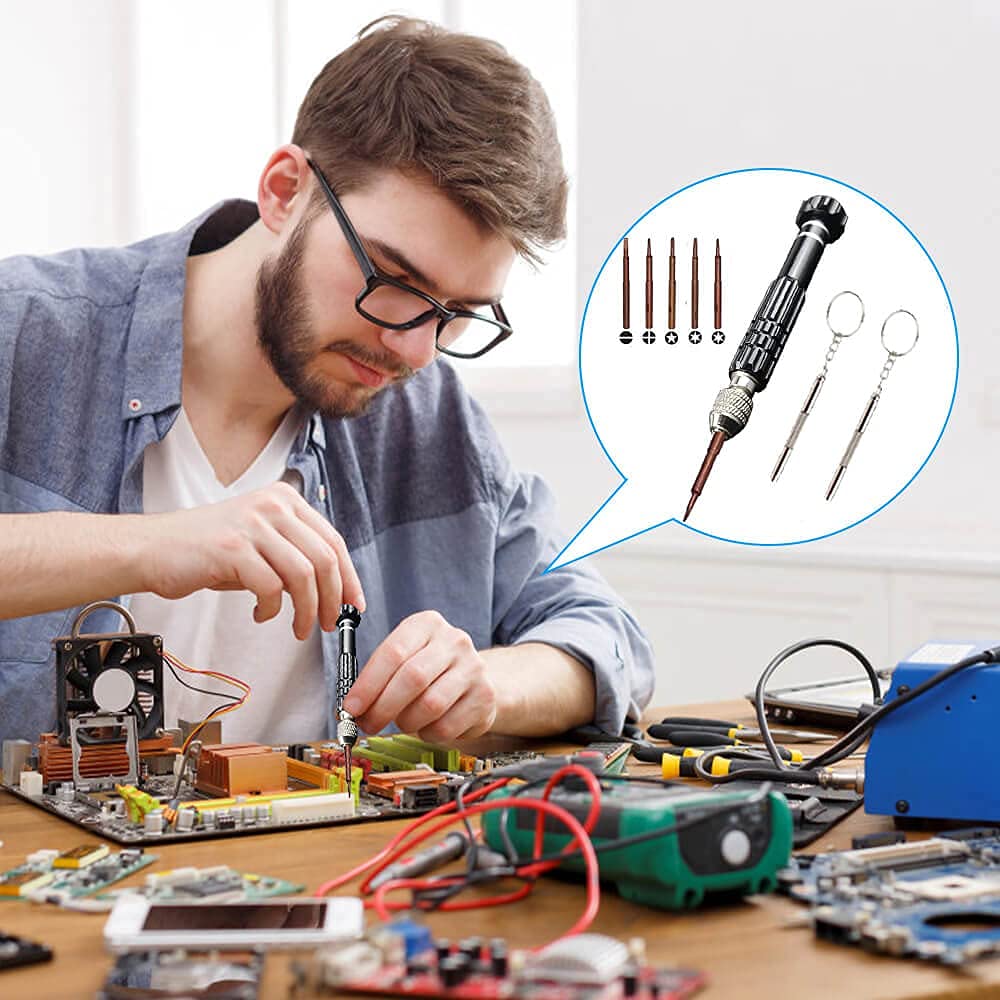 Eyeglass Repair Kit，5-in-1 Multifunctional Small Screwdriver(T6 Torx, T5, 1.5, -2.0, star0.8) & 3-in-1 Mini Keychain Screwdriver Kit for Cellphone, Glasses, Electronics, Watch, Laptop, Jewelry