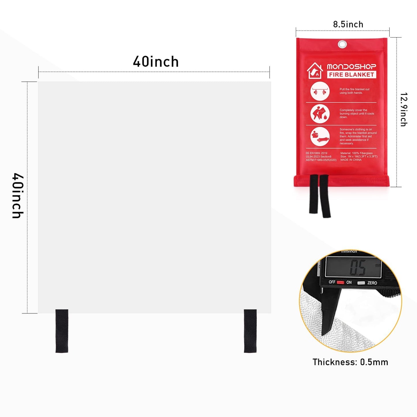 Mondoshop Fire Blankets Emergency for Kitchen Home - Emergency Fire Retardant Blanket for Home Fireproof Blanket for Camping, Grill, Car, Office, Warehouse, School, Picnic, Fireplace