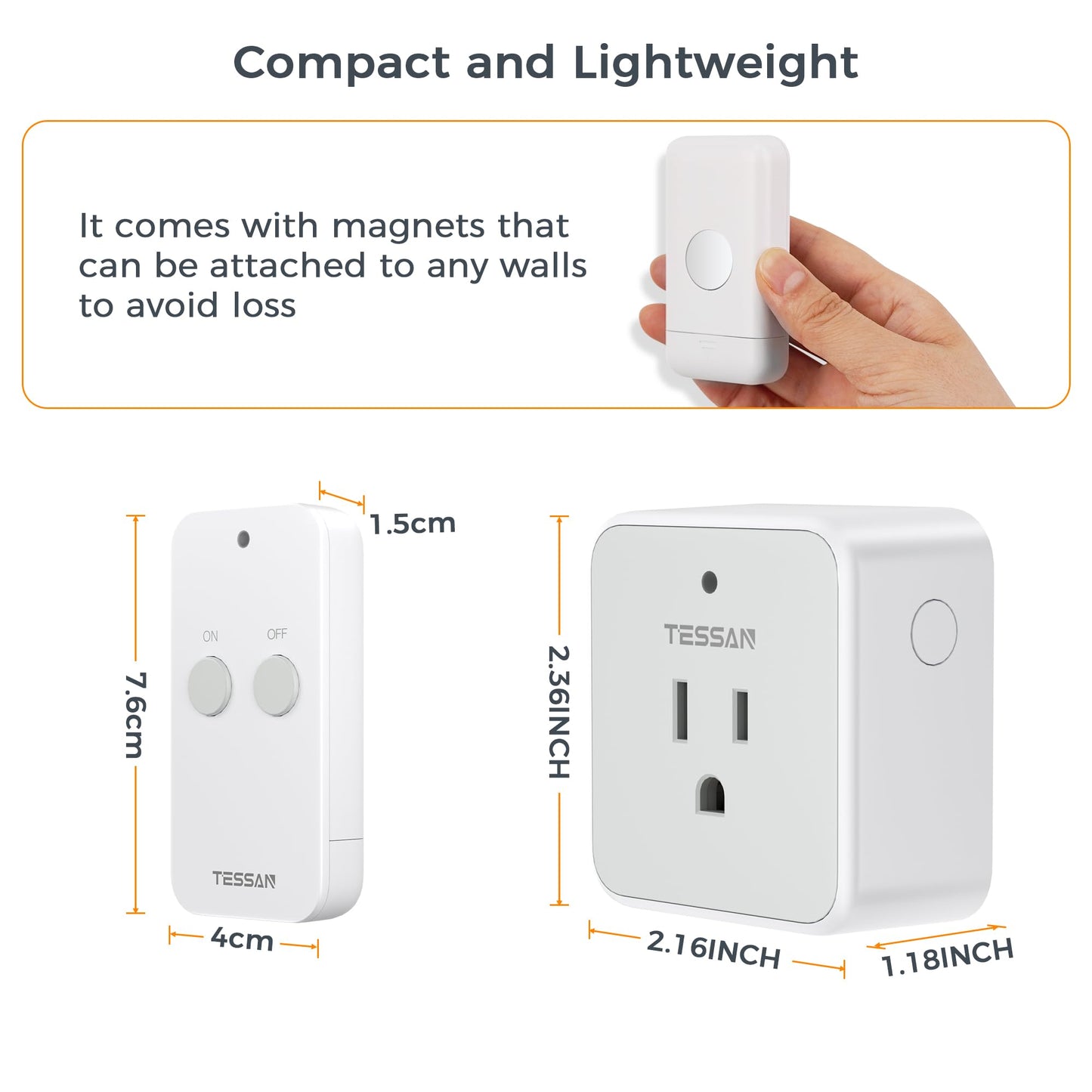 Remote Control Outlet, TESSAN Wireless Light Switch, On Off Switch Plug for Lights, Lamps, Fans, Household Appliances, 100ft RF Range, 15A/1875W(1 Remote + 1 Outlet)