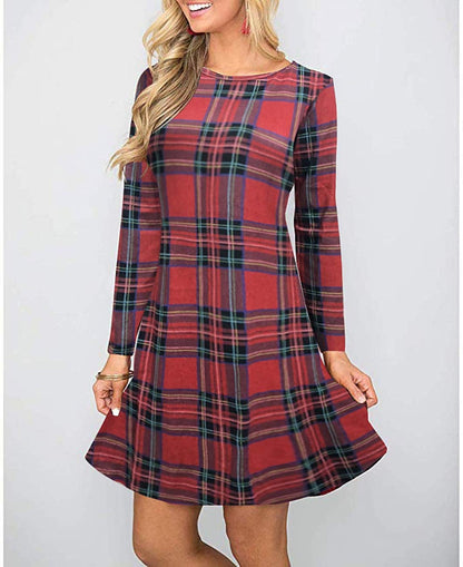 MIROL Women's Long Sleeve Plaid Color Block Casual Swing Loose Fit Tunic Dress