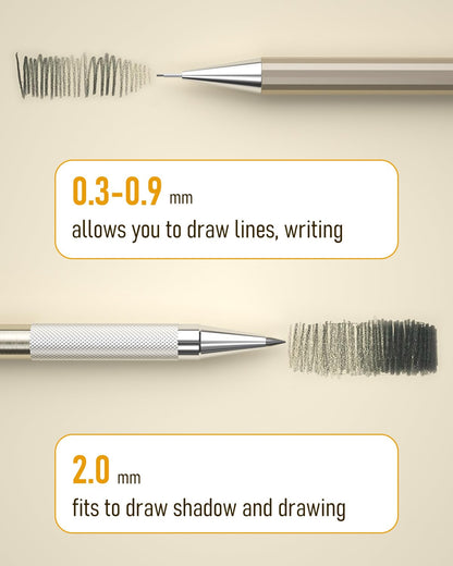 Nicpro 5 PCS Art Mechanical Pencils Set, Metal Drafting Pencil 0.3 & 0.5 & 0.7 & 0.9 & 2mm Graphite Lead Holder(4B 2B HB 2H Colored) for Sketching Drawing With Lead Refills Eraser Case